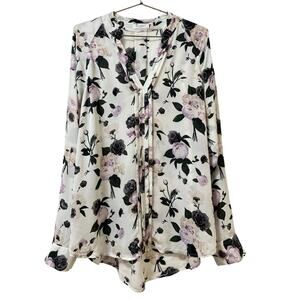 Equipment Liana Floral 100% Silk Pleated V Neck Popover Blouse Size L White Luxe